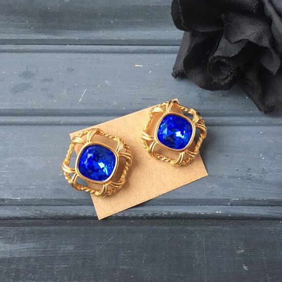 Gold w Blue Gem Earrings - Picture 1 of 9